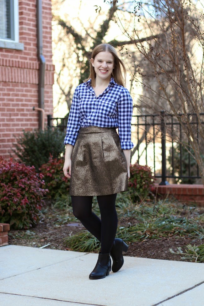 Style to Inspire Weekly Link Up | Something Good, le tote, black tights, black booties, gold skirt, gingham button down