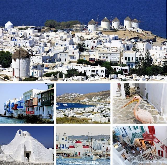 Znaczenie słowa Mykonos oraz kilka ciekawostek. Kolaż zdjęć: Mała Wenecja, Wiatraki, Pelikna, Matogianni, Paraportiani Mykonos Grecja.