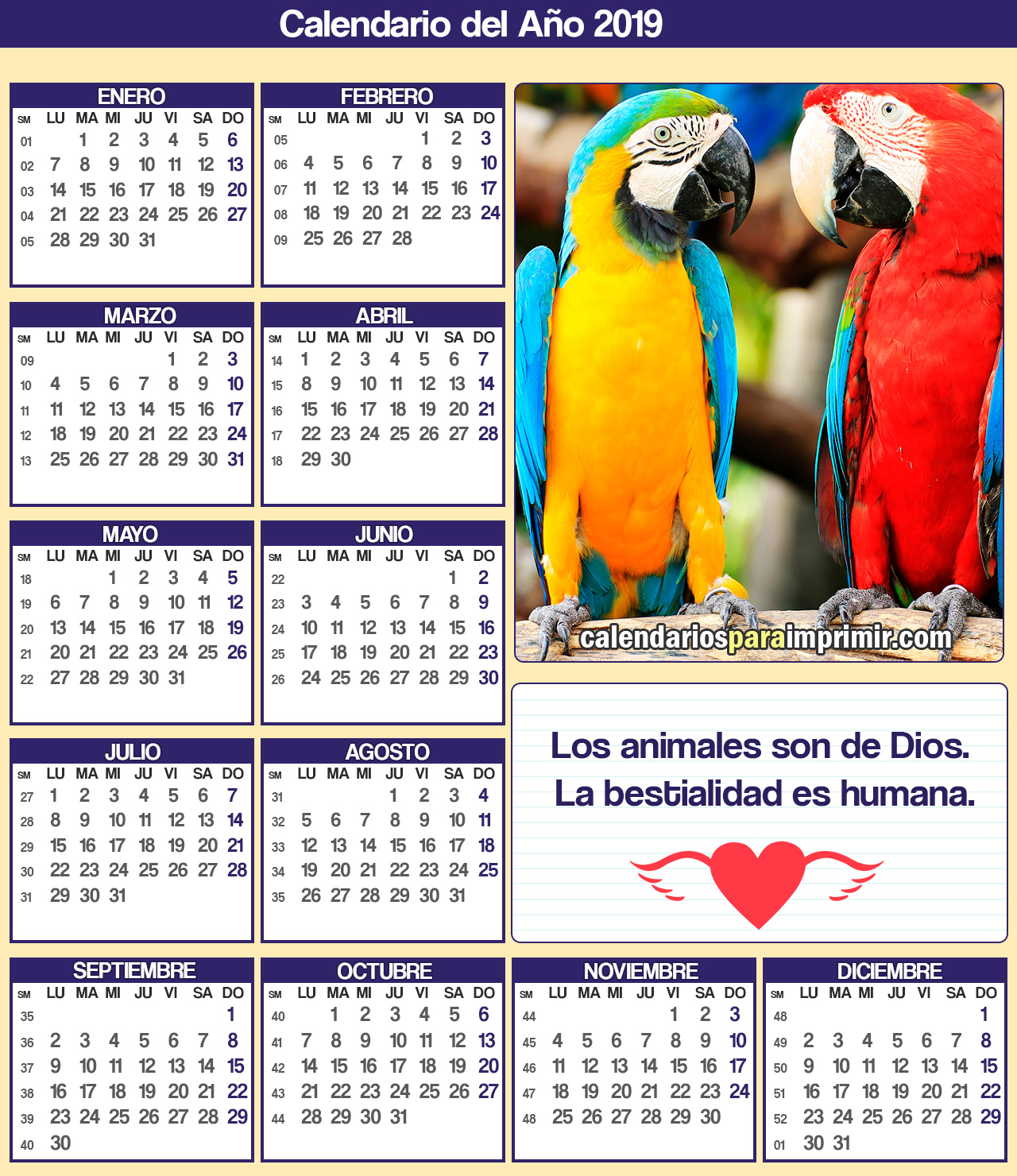 calendario 2019 para imprimir animales calendario 2019 para imprimir animales