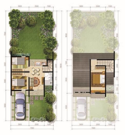 Denah rumah minimalis ukuran 7x15 meter 3 kamar tidur 2 lantai