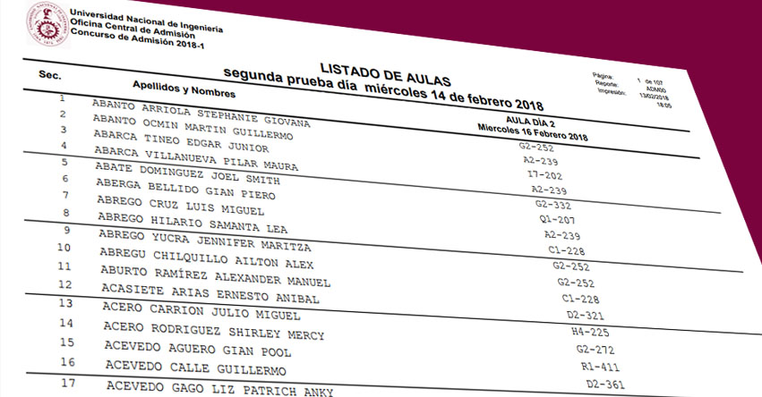 UNI: Aulas Examen de Admisión 2018-1 (Miércoles 14 Febrero) Lista de Locales por Código de Postulante - Segunda Prueba - Universidad Nacional de Ingeniería - www.uni.edu.pe UNI: Aulas Examen de Admisión 2018-1 (Miércoles 14 Febrero) Lista de Locales por Código de Postulante - Segunda Prueba - Universidad Nacional de Ingeniería - www.uni.edu.pe