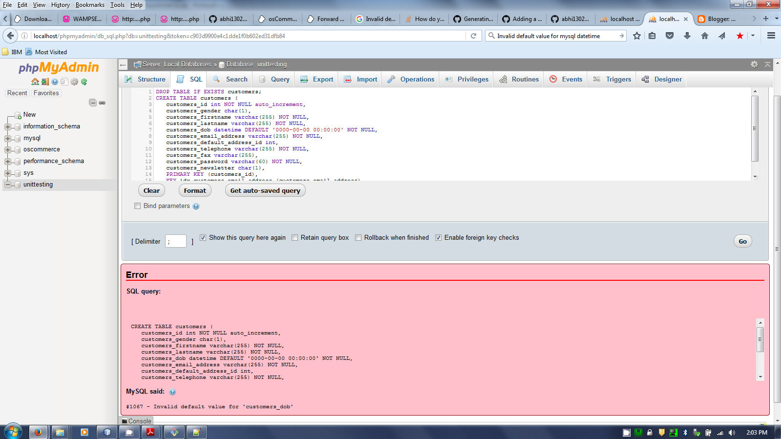 installation error Invalid default value for 'customers_dob
