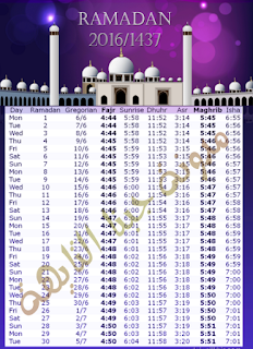 Ramadan Calendar 2016/1437 in Jakarta
