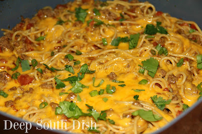 A one pot spaghetti dish made with ground beef, tomatoes with green chilies, taco seasoning and shredded cheese.
