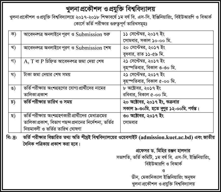 KUET Admission Test Notice 2017 