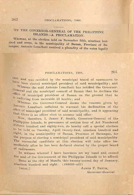 1908 Proclamation Calling for a Special Election to Elect a Municipal President for Bauan