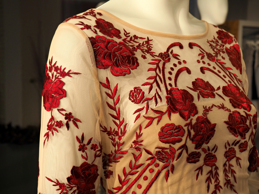 Cream and burgundy red embroidery dress perfect for a wedding outfit by Début for Debenhams