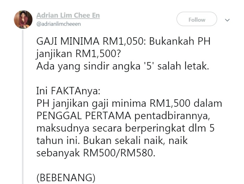 FAKTA menyokong "Gaji minimum RM1,050 sebulan seragam mulai Januari 2019"