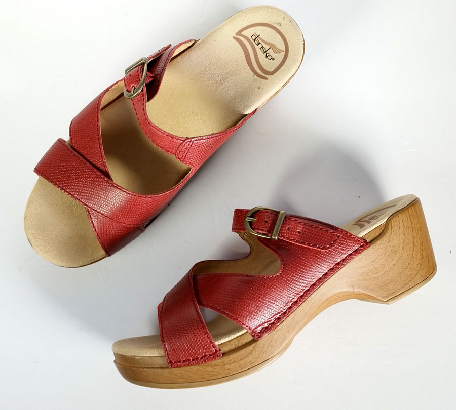 $120 Dansko 39 Sandal Red Lizard Leather Slip on w/ Heel *PRIMO* Womens ...
