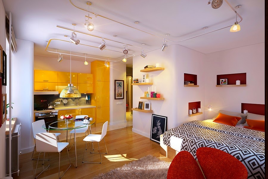 small-apartment-bedroom-ideas-white-bedroom-wall-shelves-combine-with-kitchen