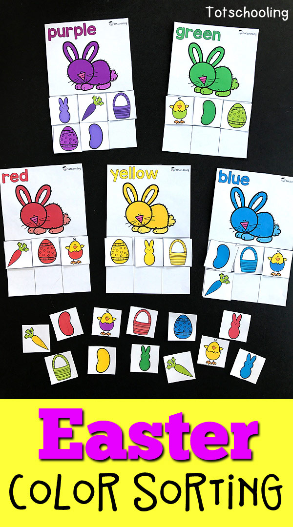 FREE printable Easter themed color sorting activity for toddlers and preschoolers. Features 10 different colored Easter bunnies as well as other objects to sort such as chicks, eggs, jelly beans, peeps, carrots, and baskets.