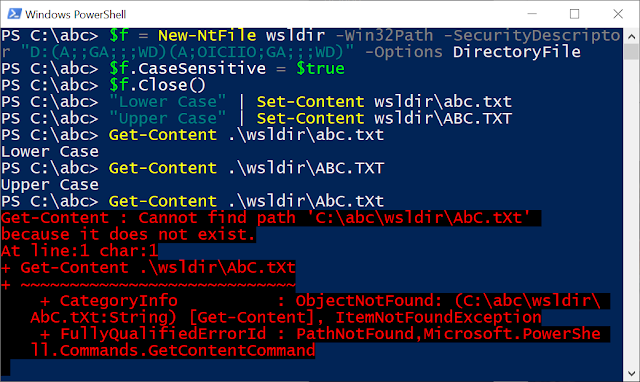 Showing setting case sensitive on a directory then using Set-Content and Get-Content to interact with the files.