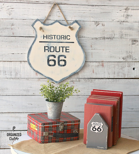 Route 66/Stop Sign Upcycled Bookends #hobbylobbymagnet #upcycle #dixiebellepaint #stopsign #route66