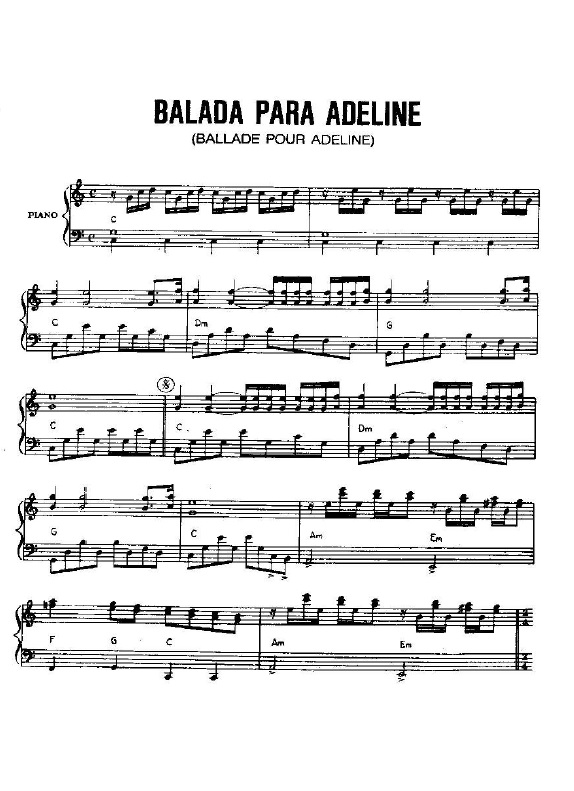Partituras para Piano: Richard Clayderman - Balada Para Adeline. 