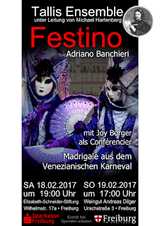 Flyer zum Konzert Festino - Madrigale aus dem Venezianischen Karneval des Tallis Ensemble Freiburg