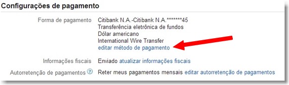 Método de pagamento no Adsense