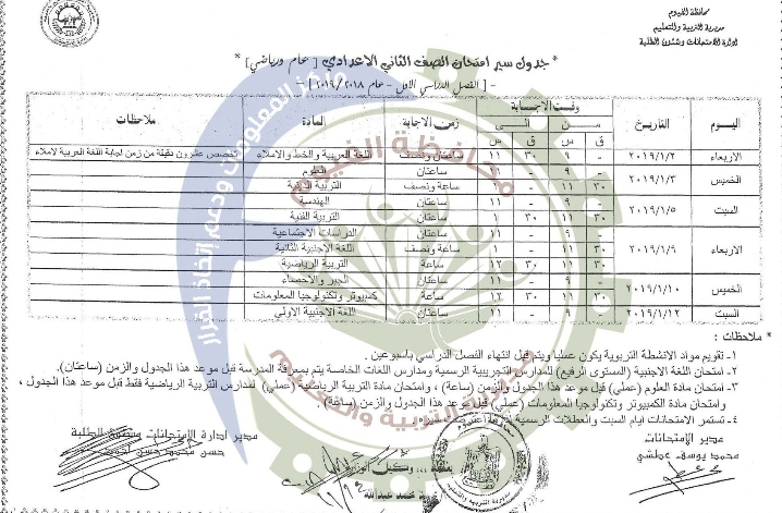 جدول امتحانات الصف الثاني الإعدادي الترم الأول 2019 محافظة الفيوم