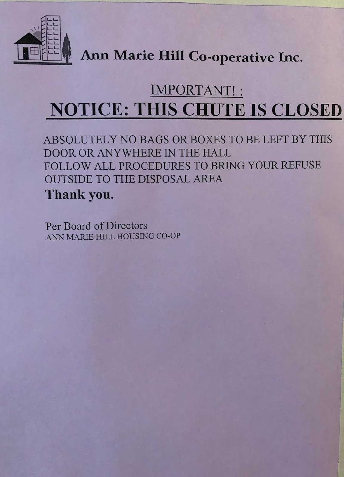 Ann Marie Hill Housing Cooperative. Garbage Chute Closure