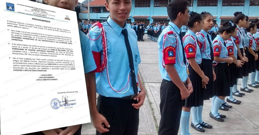 Centenario Colegio Serafín Filomeno de Moyobamba no participará en desfile patrio en señal de protesta por corrupción en el CNM, según comunicado Centenario Colegio Serafín Filomeno de Moyobamba no participará en desfile patrio en señal de protesta por corrupción en el CNM, según comunicado