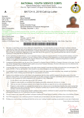 nysc call up letter sample