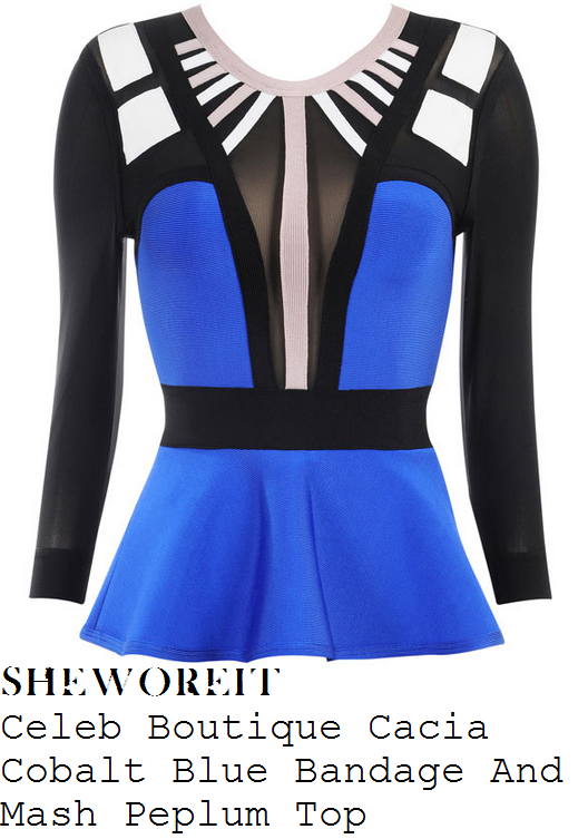 jessica-wright-bright-blue-black-white-and-grey-beige-long-sleeve-bandage-and-mesh-colour-block-peplum-top