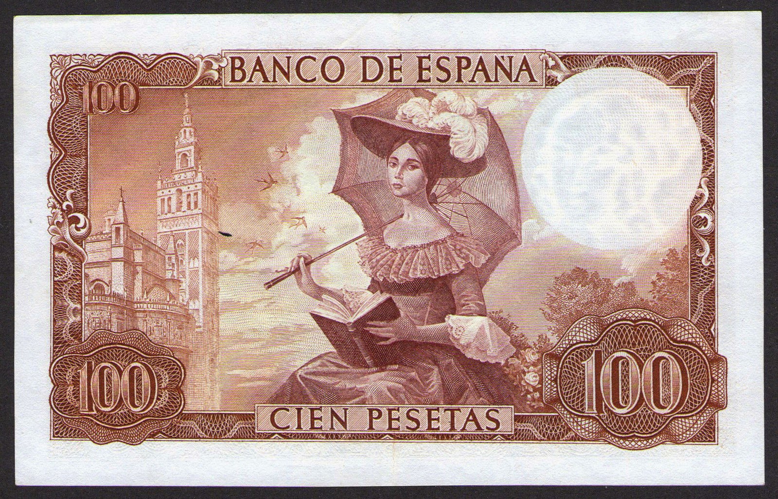 Spain money currency 100 Pesetas banknote 1965 Romantic Lady with a parasol and the view of the Cathedral of Seville
