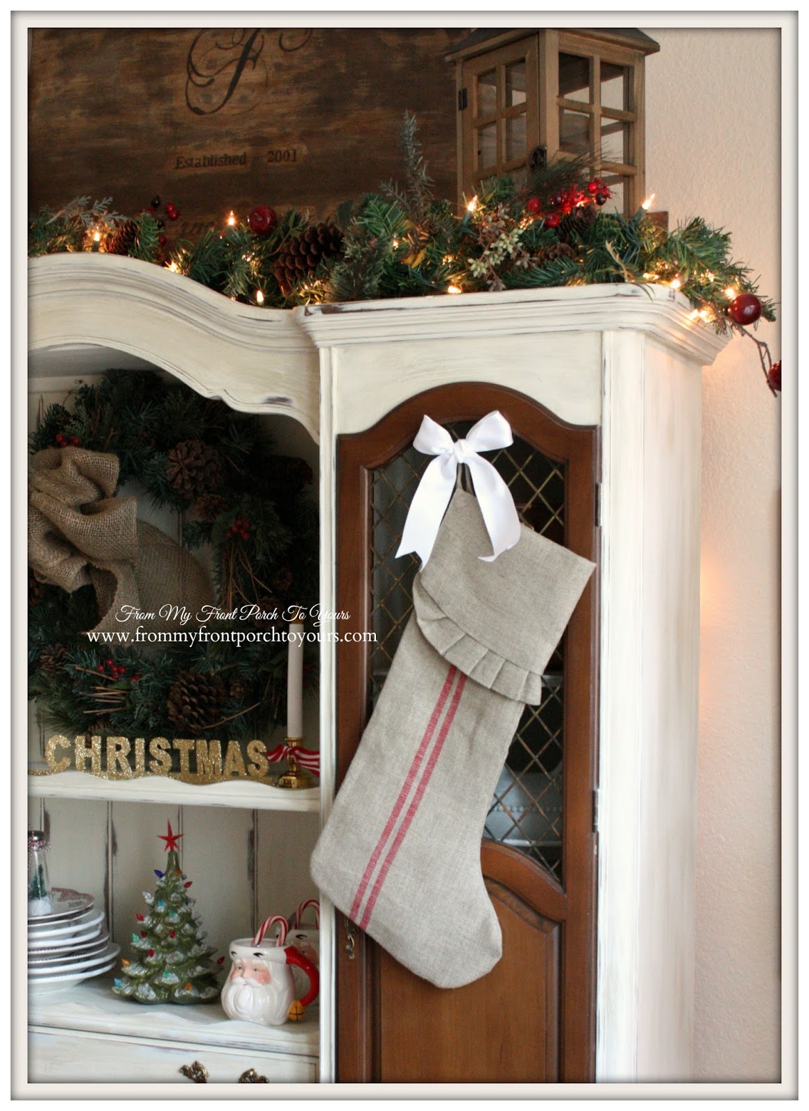 Striped Grain Sack Christmas Stocking-French Farmhouse Vintage Christmas Dining Room- From My Front Porch To Yours