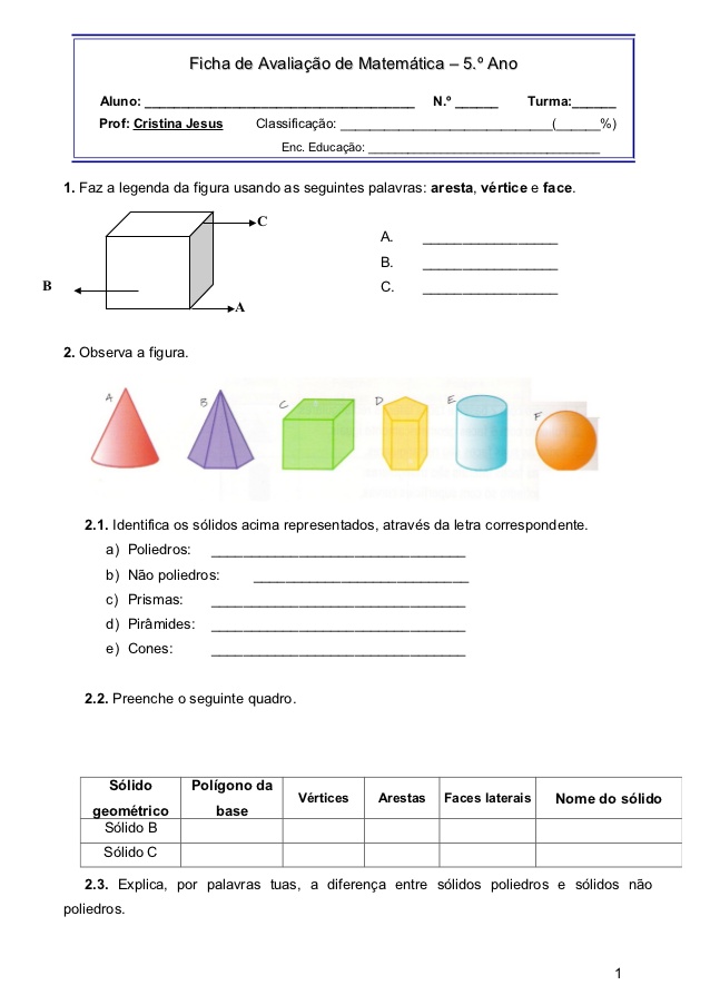 Avaliação Sólidos Geométricos 5 Ano Atividades De Matemática