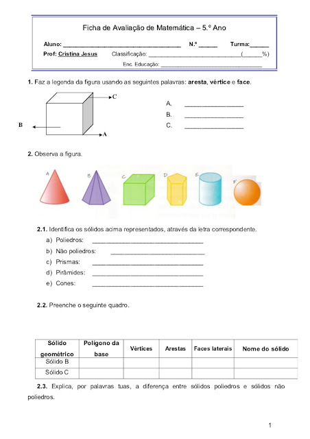 Avaliação Sólidos Geométricos 5 Ano Atividades De Matemática