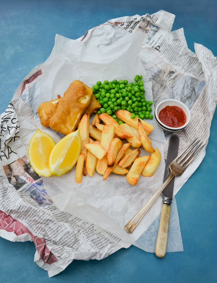 Chip shop battered tofu. Served with chips, peas and a wedge of lemon. Suitable vegetarian, vegan and dairy-free diets.