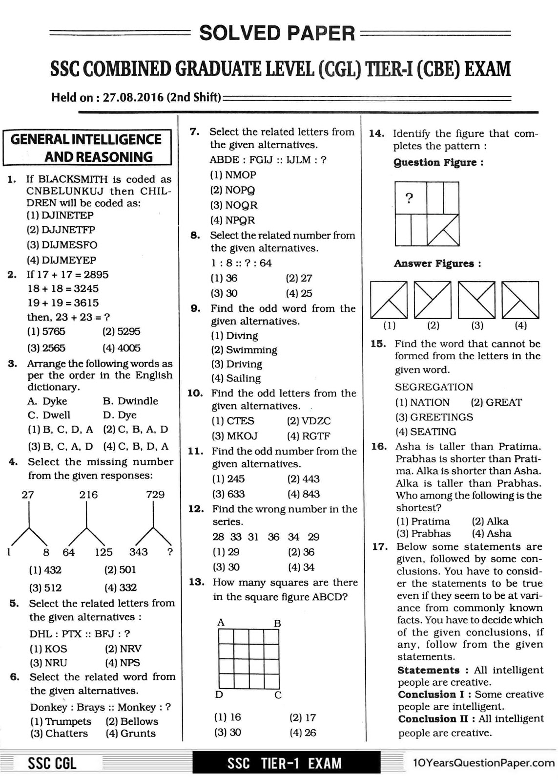SSC 2016 solved CGL Question Paper SSC 2016 CGL Question Paper