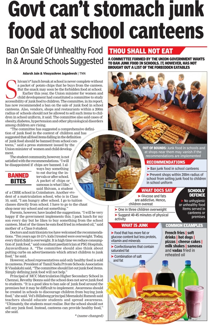 FOOD SAFETY LATEST BANNED BITES Govt can't stomach junk food at