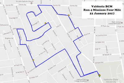 Course map for the Valdosta State University Baptist Campus Ministry's sixth-annual race on 21 January 2017. VSU BCM Run For Missions Four-Mile Road Race