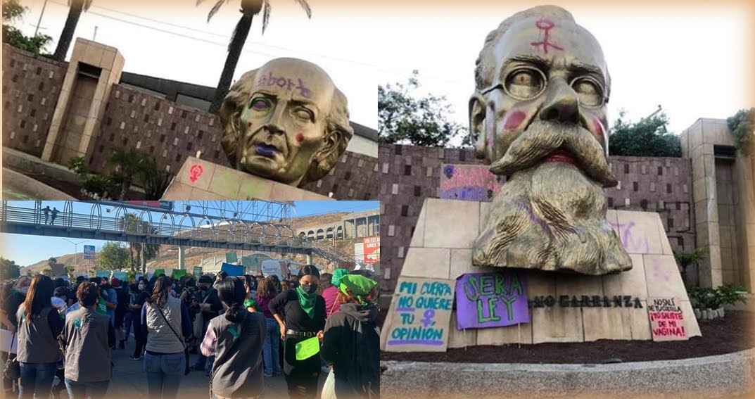 manifestaciones feministas pintaron aborto en cabeza de Miguel Hidalgo