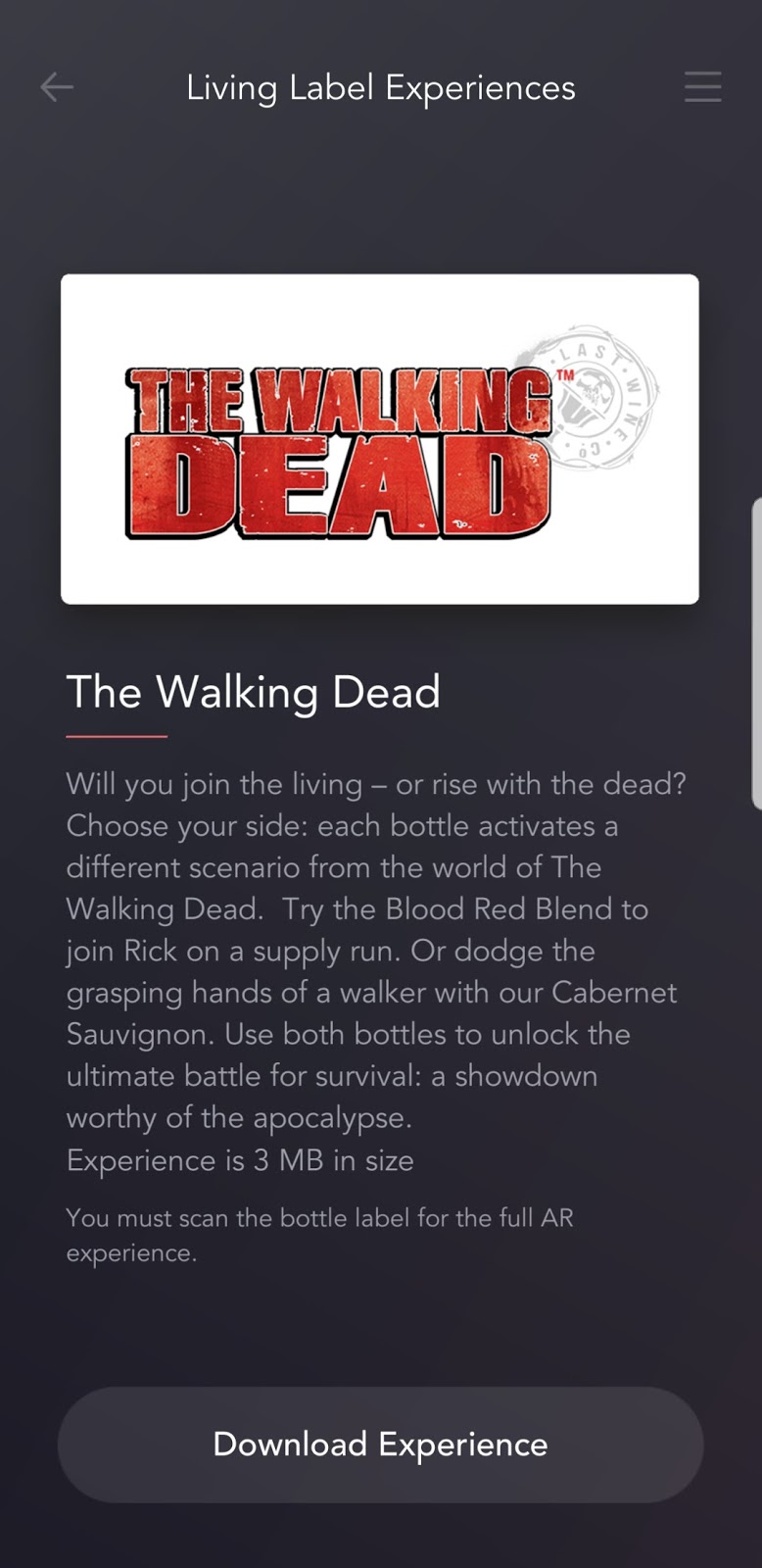The Walking Dead wine with Living Wine Labels augmented reality app 