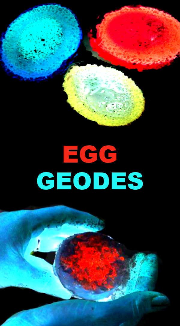 Make glowing geodes using eggshells!  This science experiment for kids explores evaporation and how crystals form within rocks. #egggeodes #egggeodeshowtomake #geode #geodeeggs #geodeeggexperiment #geodesdiy #eggshellgeodes #scienceexperimentskids #growingajeweledrose 