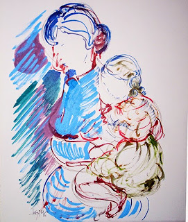 Madre con hija. Tinta de L.G.Mayo