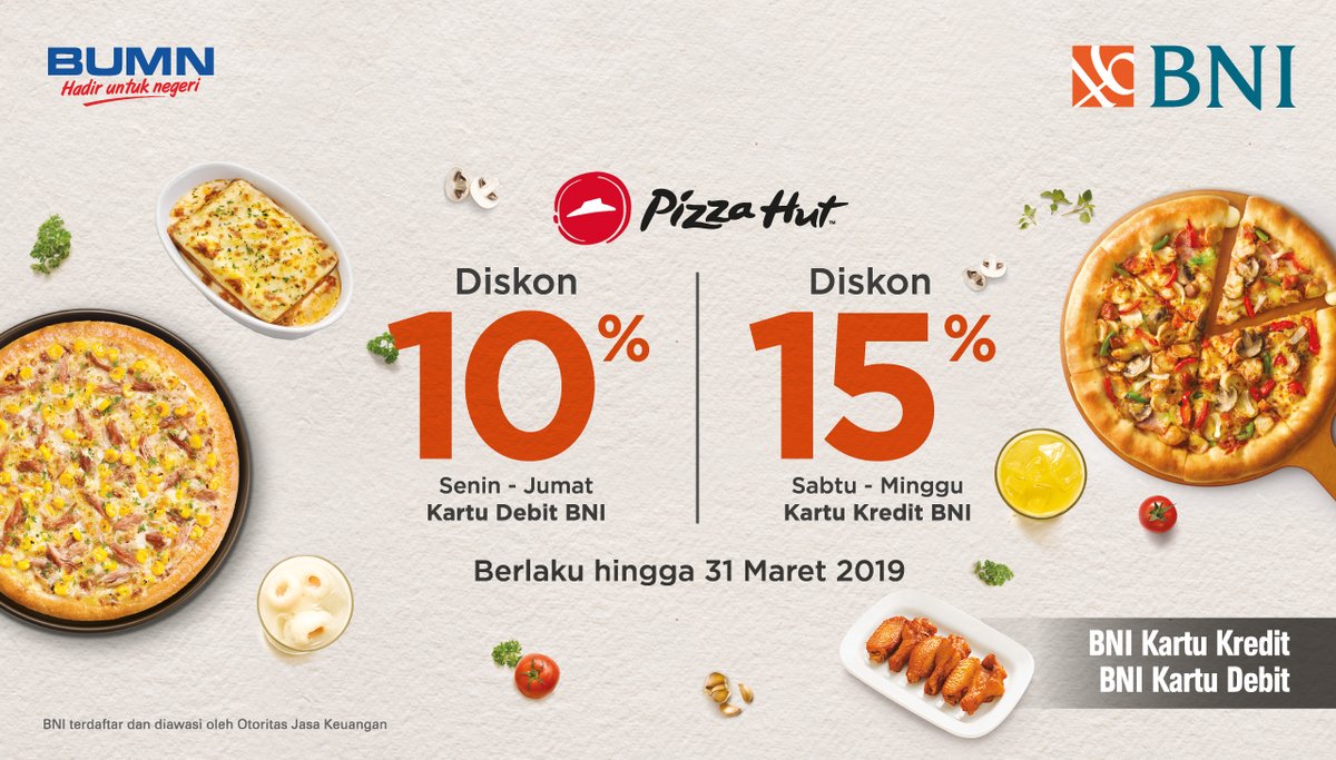 #BankBNI - Promo Diskon s.d 15 di Pizza Hut Pakai Kartu Kredit / Debit BNI (s.d 31 Mar 2019) #BankBNI - Promo Diskon s.d 15 di Pizza Hut Pakai Kartu Kredit / Debit BNI (s.d 31 Mar 2019)