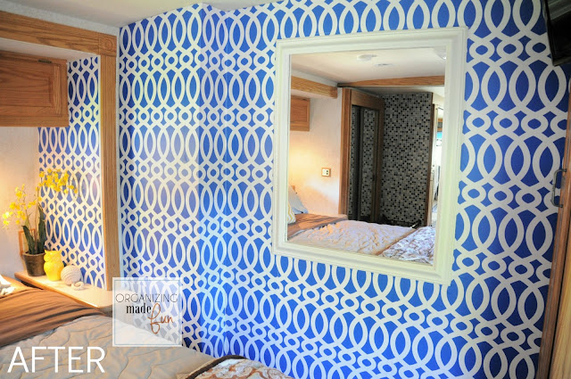 RV master bedroom wall transformed with wallpaper :: OrganizingMadeFun.com
