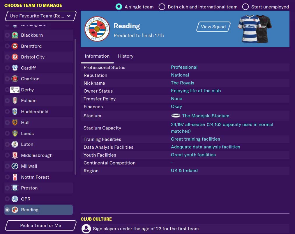 Choose club in Football Manager