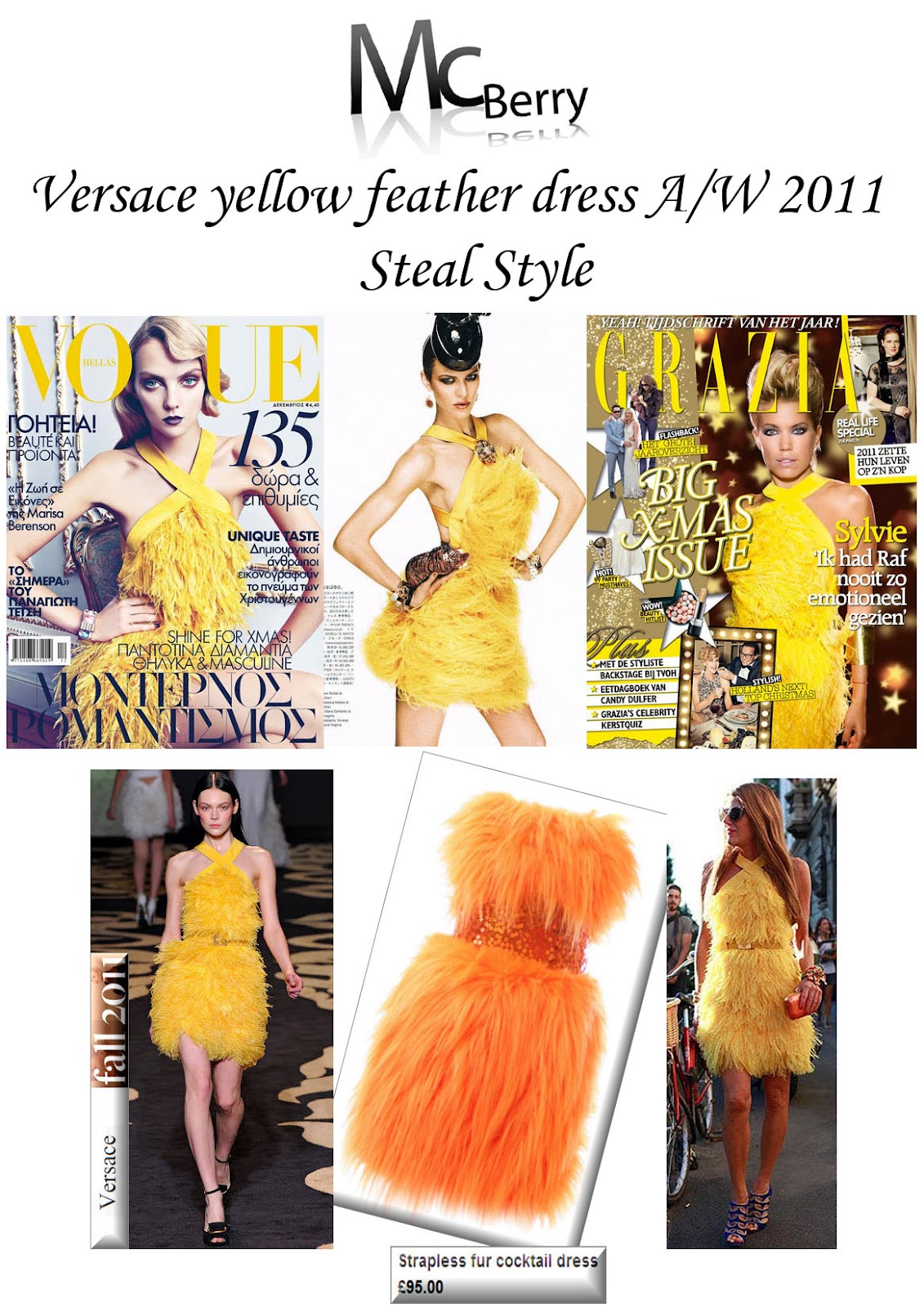 Versace yellow feather dress in Vogue, Grazia and Tatler