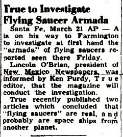 True (Magazine) to Investigate Flying Saucer Armada - Farmington Daily Times, The 3-21-1950