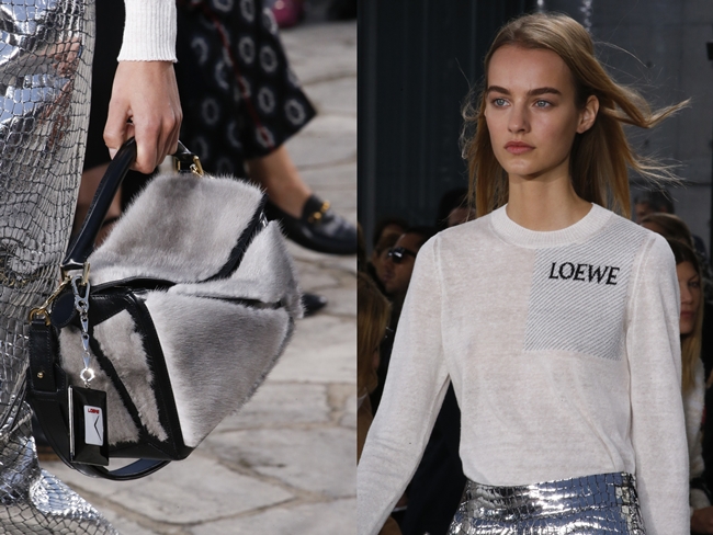 Loewe 2016 SS RTW Details, Maartje Verhoef 2016 SS Loewe Silver Crocodile-Embossed Leather Trousers on Runway