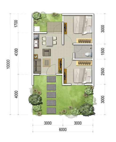  Denah rumah minimalis ukuran 6x10  meter 2 kamar tidur 1 