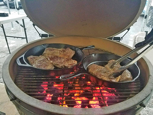 Pan searing NY Strip steaks on an XL Big Green Egg kamado grill