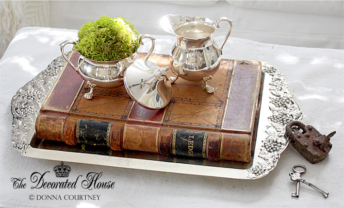 The Decorated House :: Vintage Silver with Moss and Antique Books, Rusty Lock and Skeleton Keys