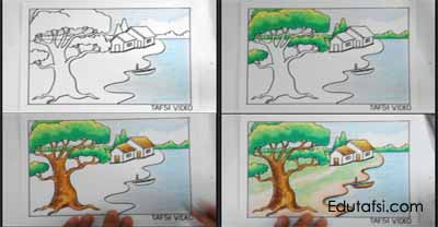 Cara Menggambar Pohon Besar Di Tepi Danau Dengan Oil Pastels