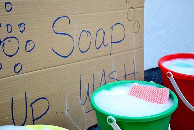 soap buckets for bike wash, kids bike wash, summertime activity for kids