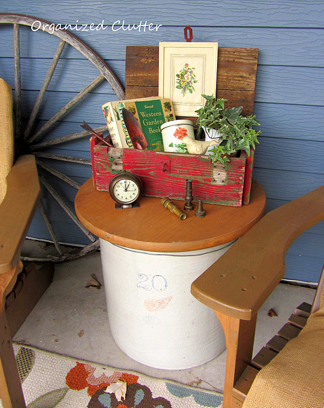 Covered Patio Vintage Summer Rustic Crate Vignette www.organizedclutterqueen.blogspot.com