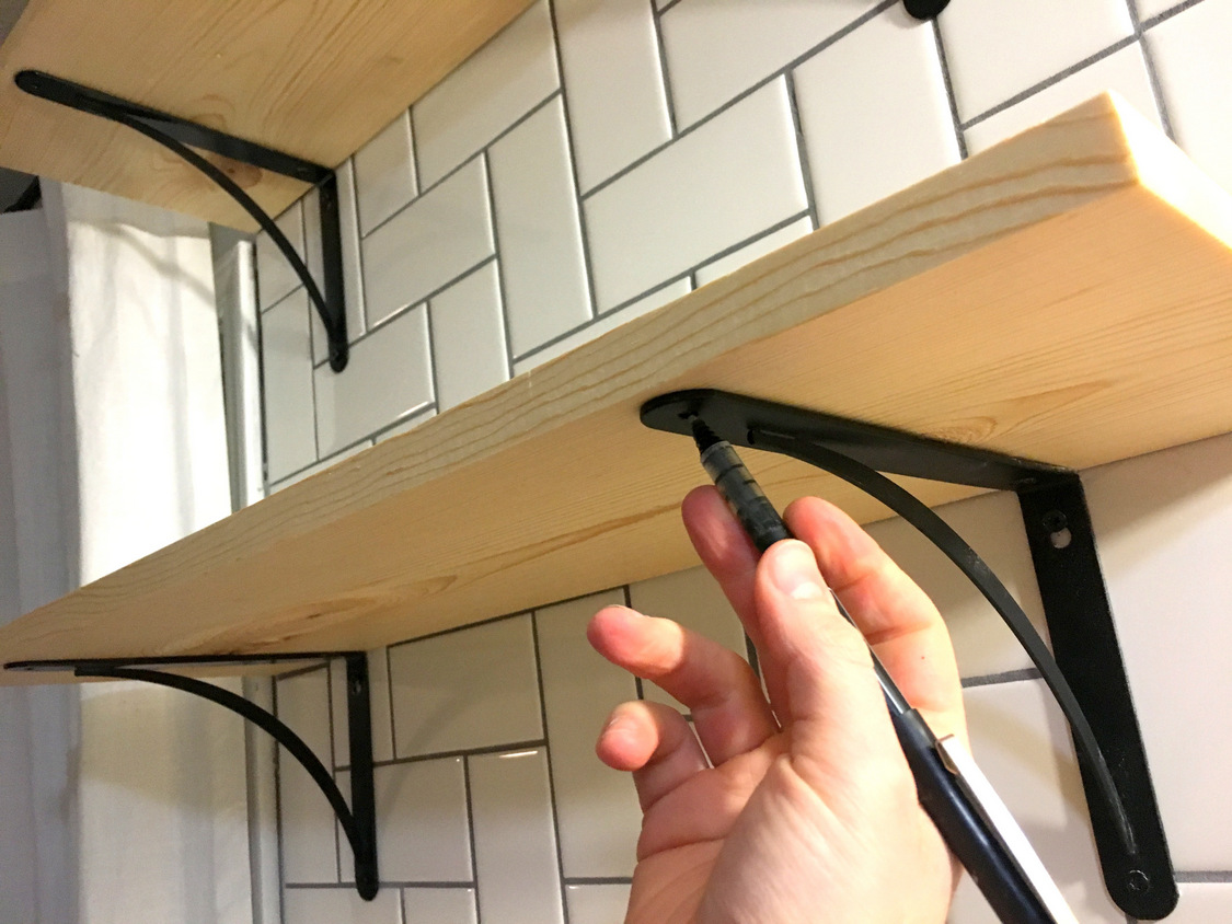 How To Install Basic Open Kitchen Shelves Over Tile A 10 Carefully Drill About 1 4 Deep Pilot Holes Into Shelves On Your Marks